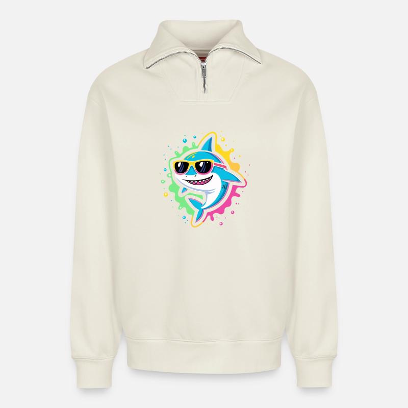 Requin néon lunettes pop - Sweat unisexe décontracté en coton biologique à demi-zip – de SPREAD - blanc cassé