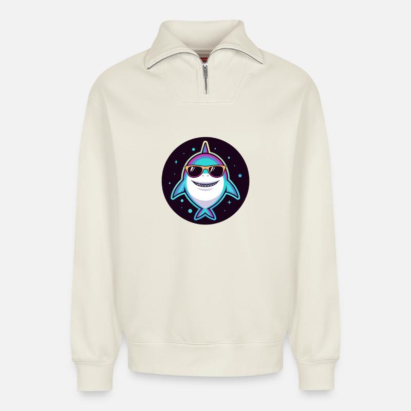 Neon-Regenbogenhai mit Sonnenbrille - Relaxed Unisex Organic Half Zip Sweatshirt – von SPREAD - Naturweiß