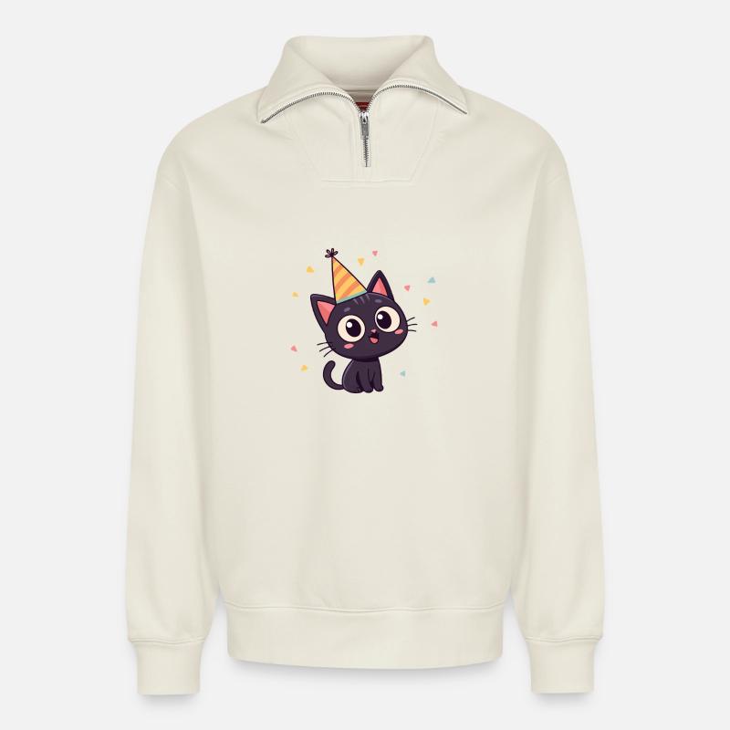 Schwarzer Katzen-Partyhut - Relaxed Unisex Organic Half Zip Sweatshirt – von SPREAD - Naturweiß