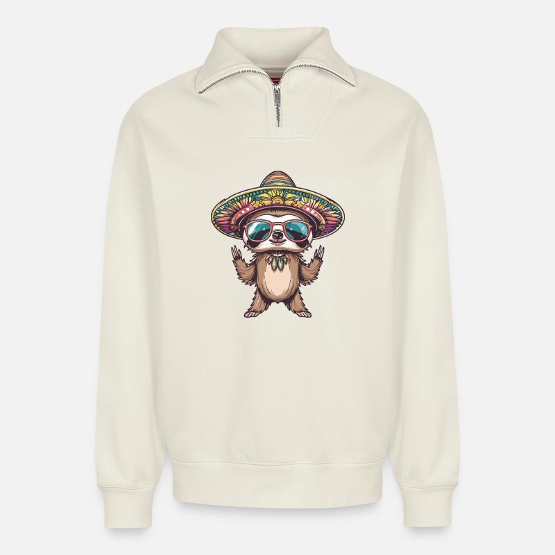 Sloth Funny Sombrero - Relaxed Unisex Organic Half Zip Sweatshirt – by SPREAD - off white