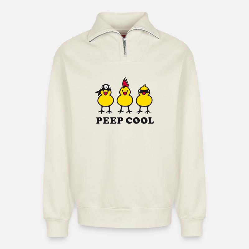 peep cool (b) - Sweat unisexe décontracté en coton biologique à demi-zip – de SPREAD - blanc cassé
