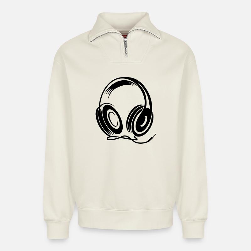 a headphone with cable - Relaxed Unisex Organic Half Zip Sweatshirt – by SPREAD - off white