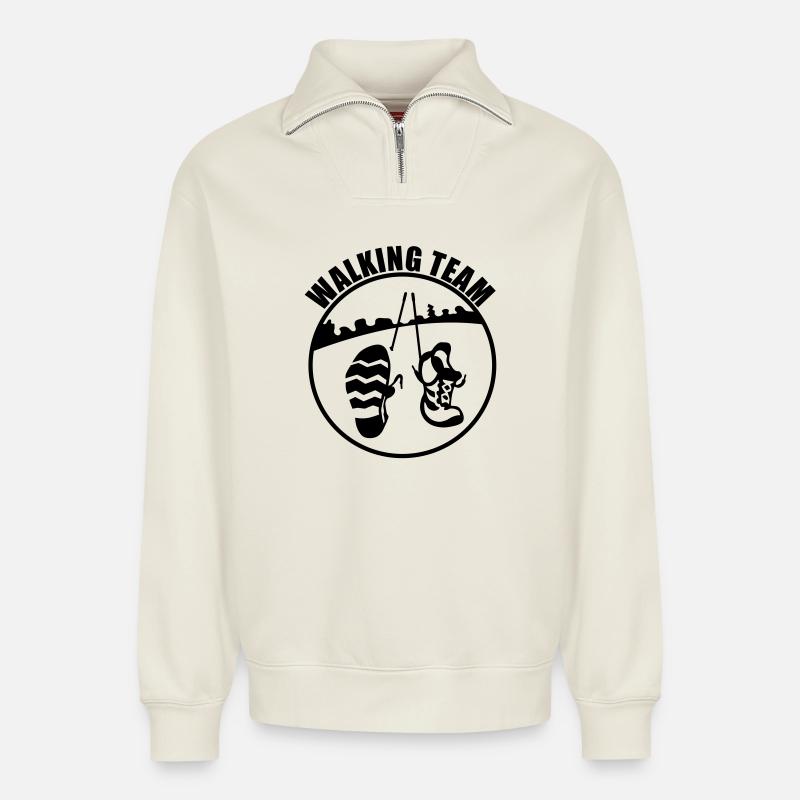 walking team - Sweat unisexe décontracté en coton biologique à demi-zip – de SPREAD - blanc cassé