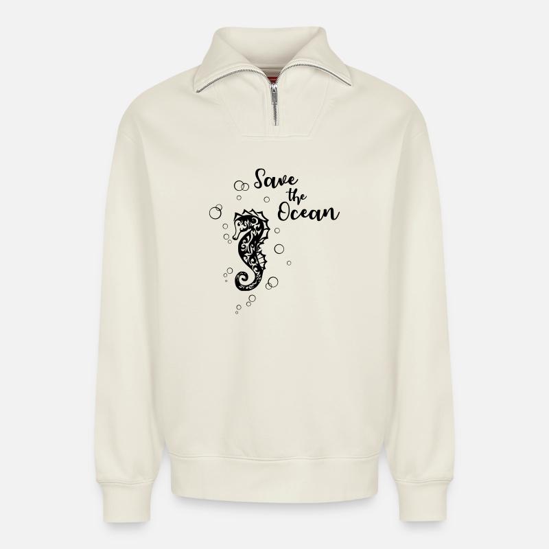 Save the Ocean - Seepferd - Relaxed Unisex Organic Half Zip Sweatshirt – by SPREAD - off white