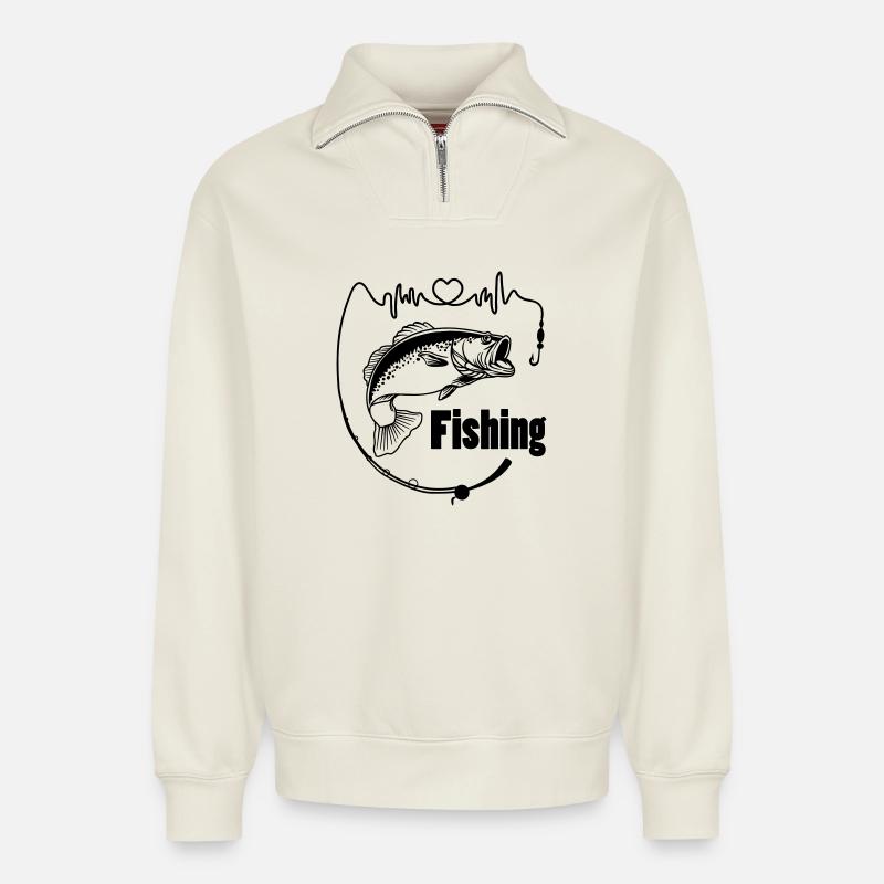 Canne à pêche avec poisson - Sweat unisexe décontracté en coton biologique à demi-zip – de SPREAD - blanc cassé