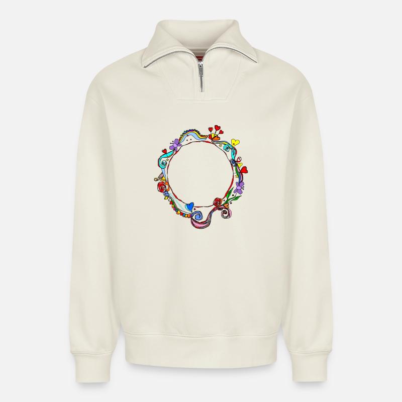 Heart Circle - Relaxed Unisex Organic Half Zip Sweatshirt – by SPREAD - off white