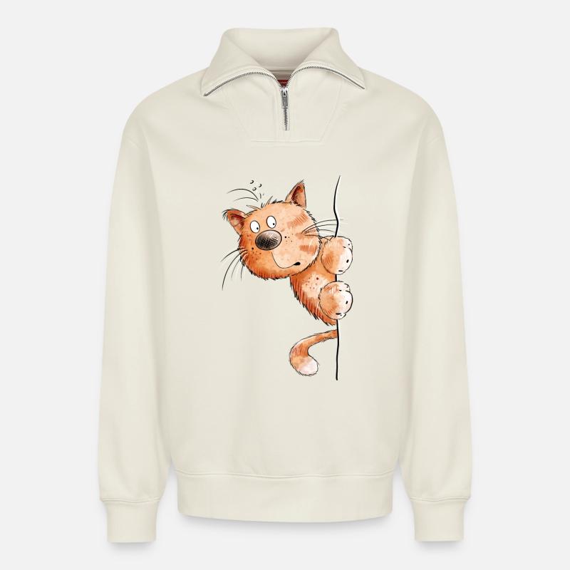 Rote Katze I Katzenfreunde Geschenk - Relaxed Unisex Organic Half Zip Sweatshirt – von SPREAD - Naturweiß