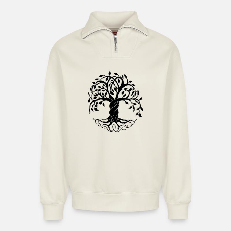 Yggdrasil der Baum des Lebens - Relaxed Unisex Organic Half Zip Sweatshirt – von SPREAD - Naturweiß