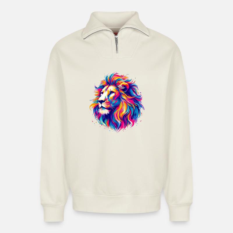 Lion - Sweat unisexe décontracté en coton biologique à demi-zip – de SPREAD - blanc cassé