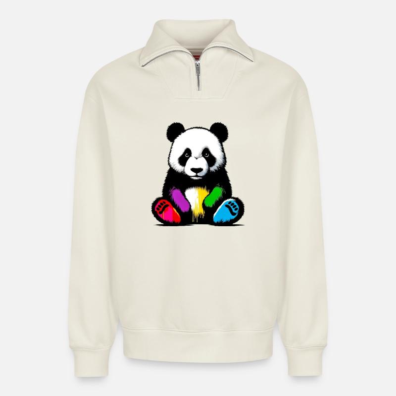 Panda - Relaxed Unisex Organic Half Zip Sweatshirt – von SPREAD - Naturweiß