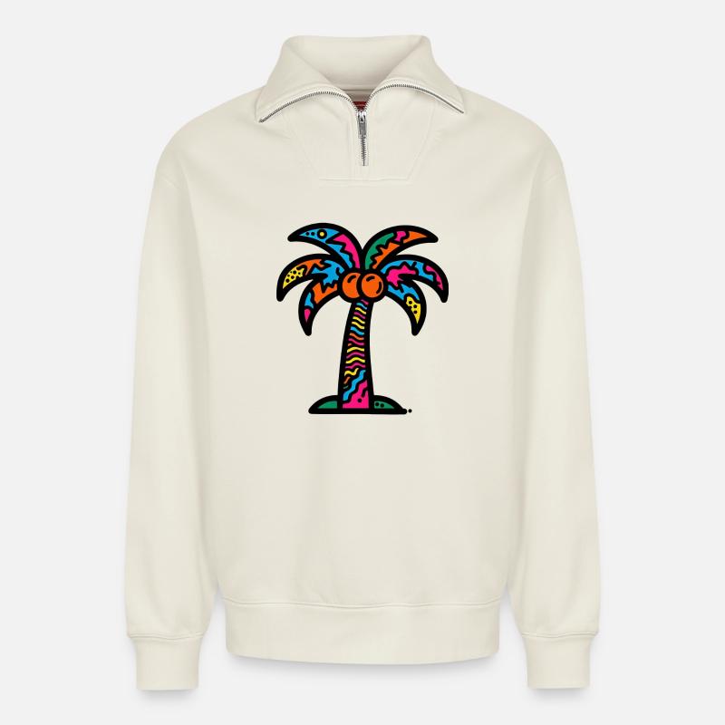 Palmier - Sweat unisexe décontracté en coton biologique à demi-zip – de SPREAD - blanc cassé
