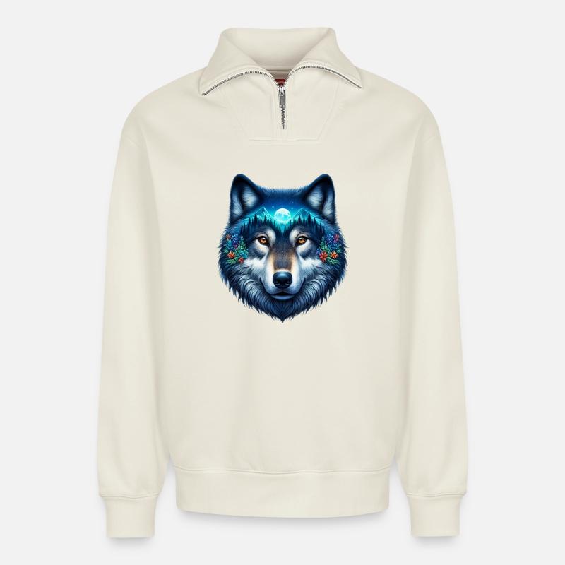 Wolf - Relaxed Unisex Organic Half Zip Sweatshirt – von SPREAD - Naturweiß