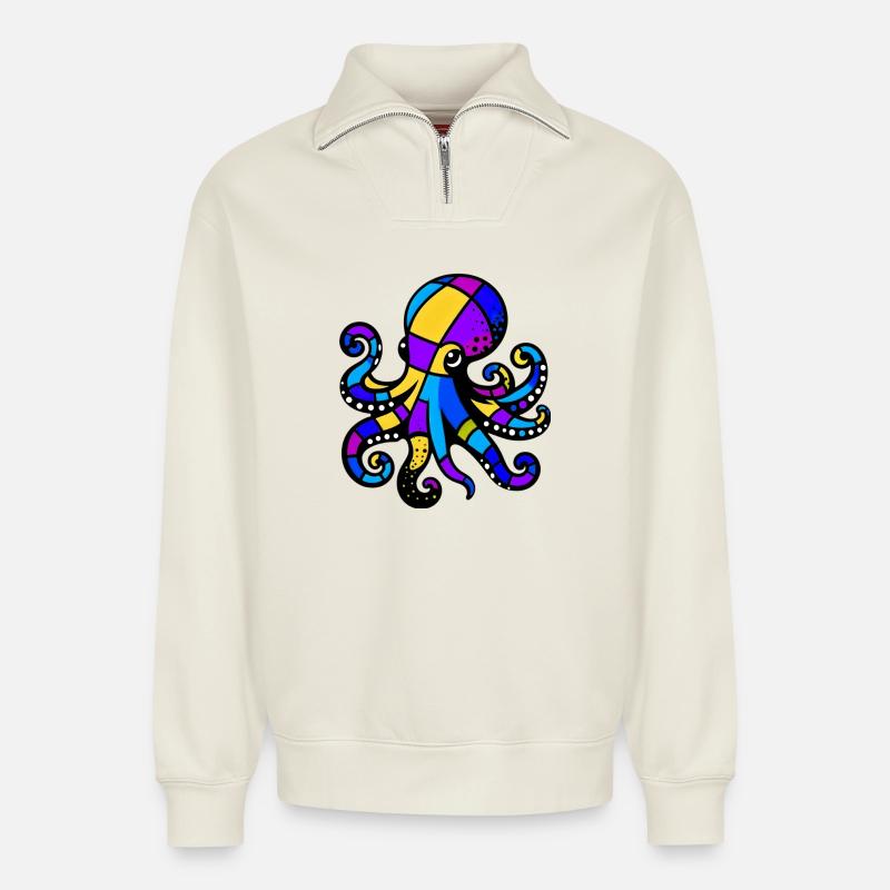 Pieuvre - Sweat unisexe décontracté en coton biologique à demi-zip – de SPREAD - blanc cassé