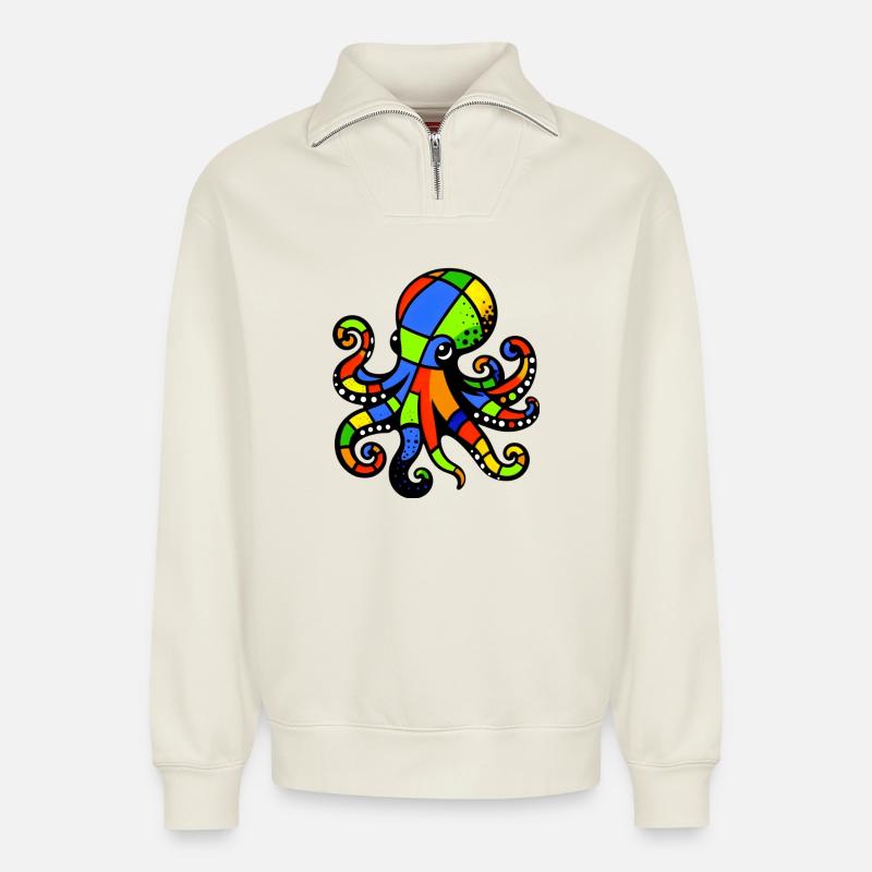 Octopus - Relaxed Unisex Organic Half Zip Sweatshirt – by SPREAD - off white