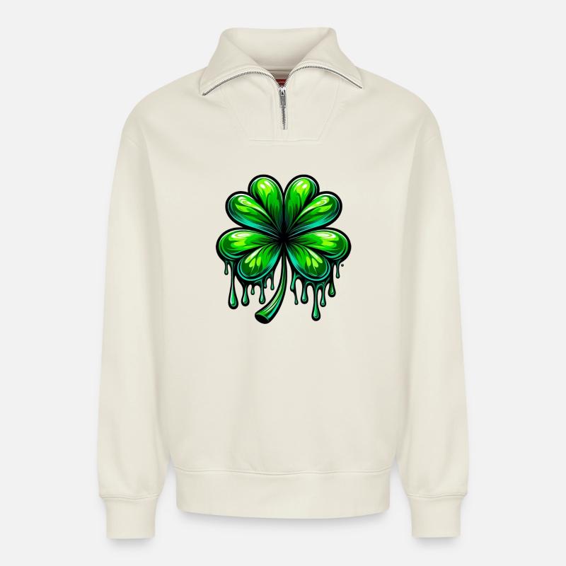 Trèfle à quatre feuilles - Sweat unisexe décontracté en coton biologique à demi-zip – de SPREAD - blanc cassé