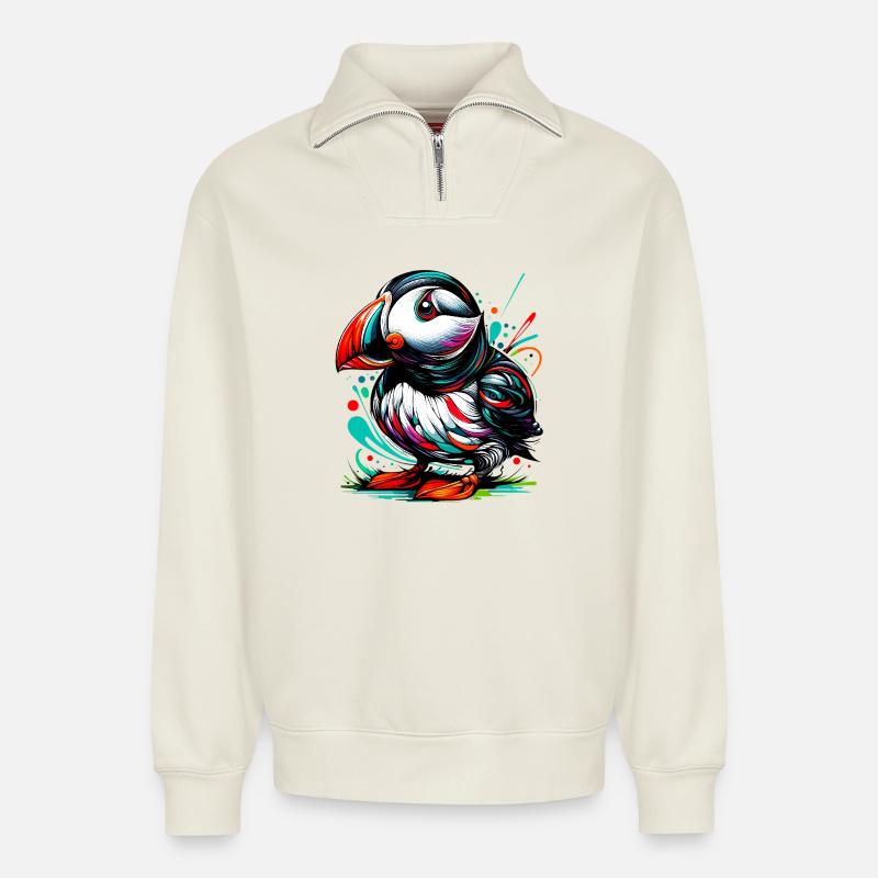 Papageitaucher - Relaxed Unisex Organic Half Zip Sweatshirt – von SPREAD - Naturweiß