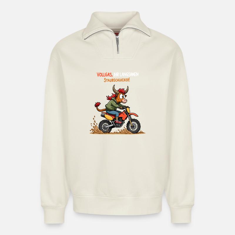 Motocross Stier - Relaxed Unisex Organic Half Zip Sweatshirt – von SPREAD - Naturweiß