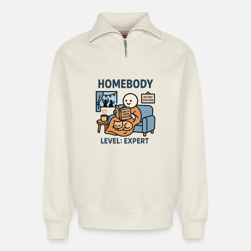 Homebody Level: Expert - Relaxed Unisex Organic Half Zip Sweatshirt – von SPREAD - Naturweiß