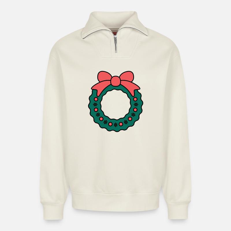 Couronne pour Noël - Sweat unisexe décontracté en coton biologique à demi-zip – de SPREAD - blanc cassé