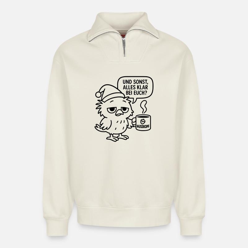 Grognement matinal Vogel_mit_Kaffeetasse_und_Sprechblase - Sweat unisexe décontracté en coton biologique à demi-zip – de SPREAD - blanc cassé