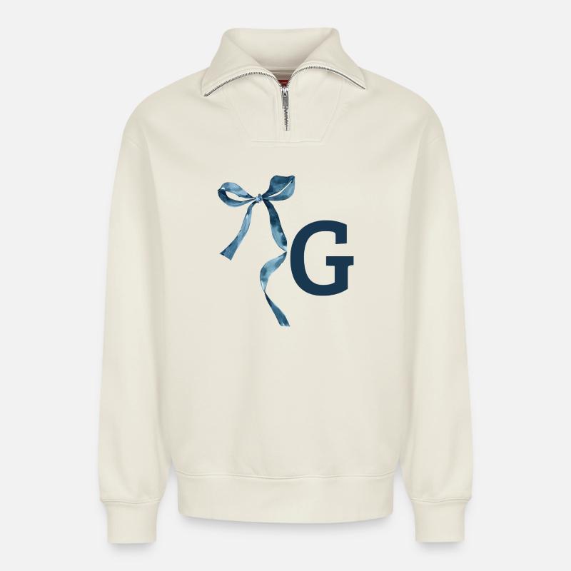 Monogramm g Geschenkidee - Relaxed Unisex Organic Half Zip Sweatshirt – von SPREAD - Naturweiß