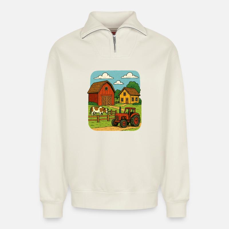 Ländliche Farm mit rotem Traktor - Relaxed Unisex Organic Half Zip Sweatshirt – von SPREAD - Naturweiß