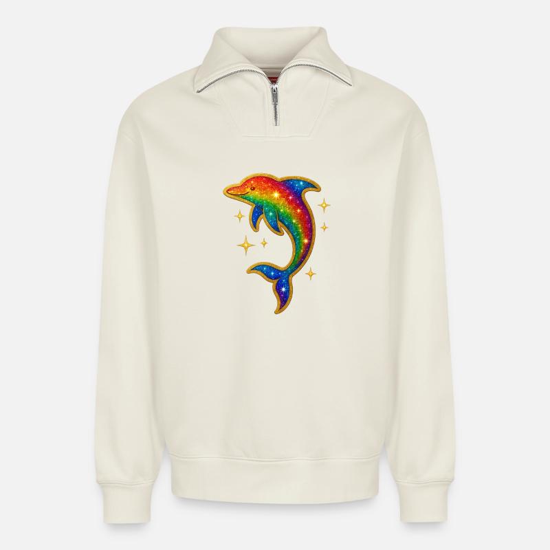 Regenbogen Delfin Glitzerpracht - Relaxed Unisex Organic Half Zip Sweatshirt – von SPREAD - Naturweiß