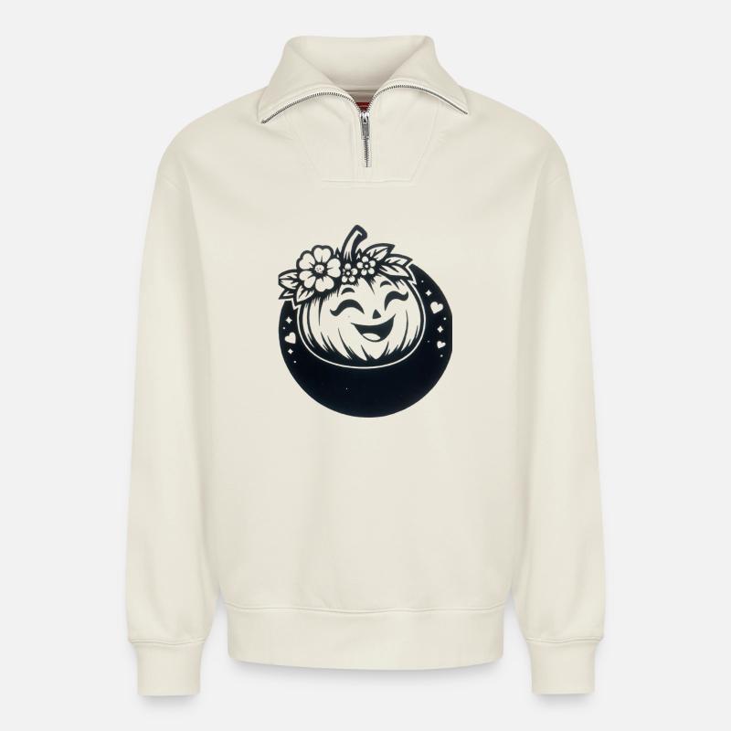 citrouille amicale avec des fleurs - Sweat unisexe décontracté en coton biologique à demi-zip – de SPREAD - blanc cassé