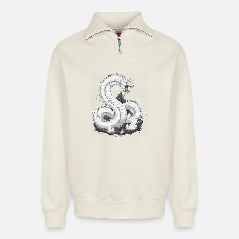 Serpent Yurnangandr - Sweat unisexe décontracté en coton biologique à demi-zip – de SPREAD - blanc cassé