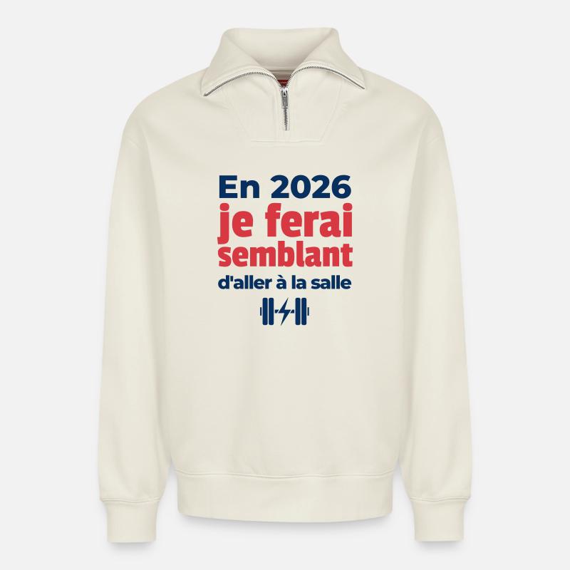 Résolution de fin d'année - Sweat unisexe décontracté en coton biologique à demi-zip – de SPREAD - blanc cassé