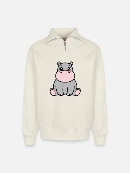 Bébé hippopotame mignon assis à Kawaii - Sweat unisexe décontracté en coton biologique à demi-zip – de SPREAD - blanc cassé