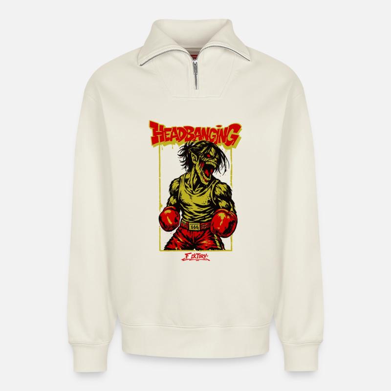 Zombie-Boxer Headbanging - Relaxed Unisex Organic Half Zip Sweatshirt – von SPREAD - Naturweiß