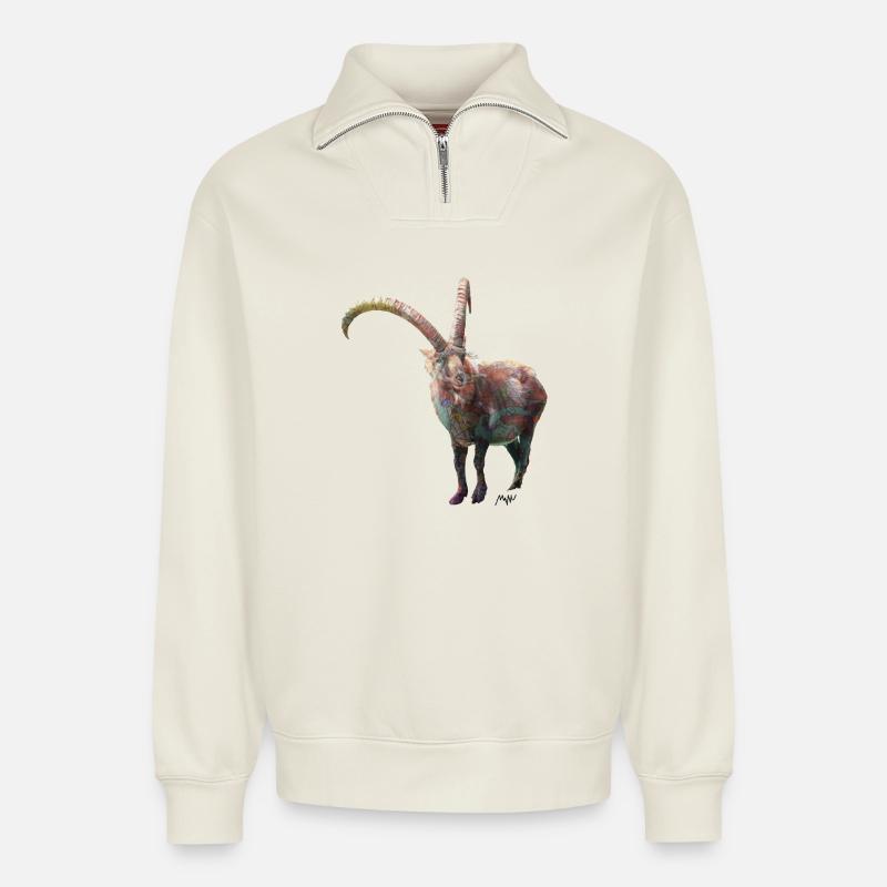 Steinbock - Relaxed Unisex Organic Half Zip Sweatshirt – von SPREAD - Naturweiß