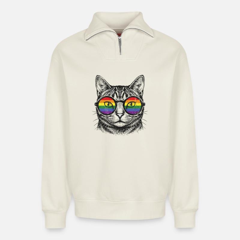 LGBT-Pride-Monat – Regenbogenkatze - Relaxed Unisex Organic Half Zip Sweatshirt – von SPREAD - Naturweiß
