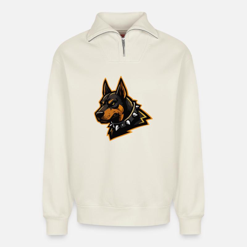 Dobermann mit Stachelkragen - Relaxed Unisex Organic Half Zip Sweatshirt – von SPREAD - Naturweiß