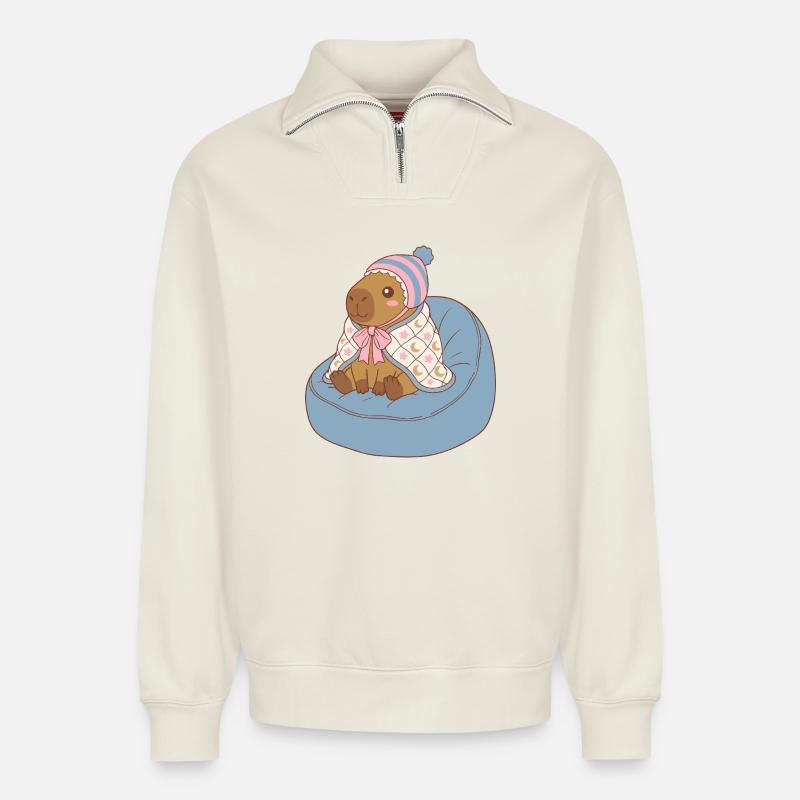 Cuddle Capybara Moonstar-Decke – Kawaii-Design - Relaxed Unisex Organic Half Zip Sweatshirt – von SPREAD - Naturweiß