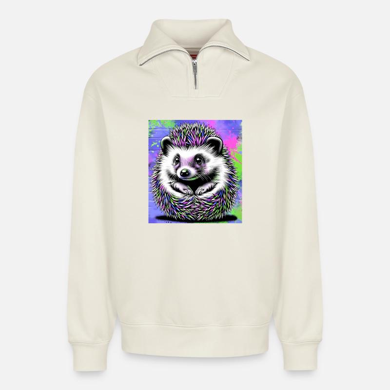 hedgehog - Relaxed Unisex Organic Half Zip Sweatshirt – by SPREAD - off white