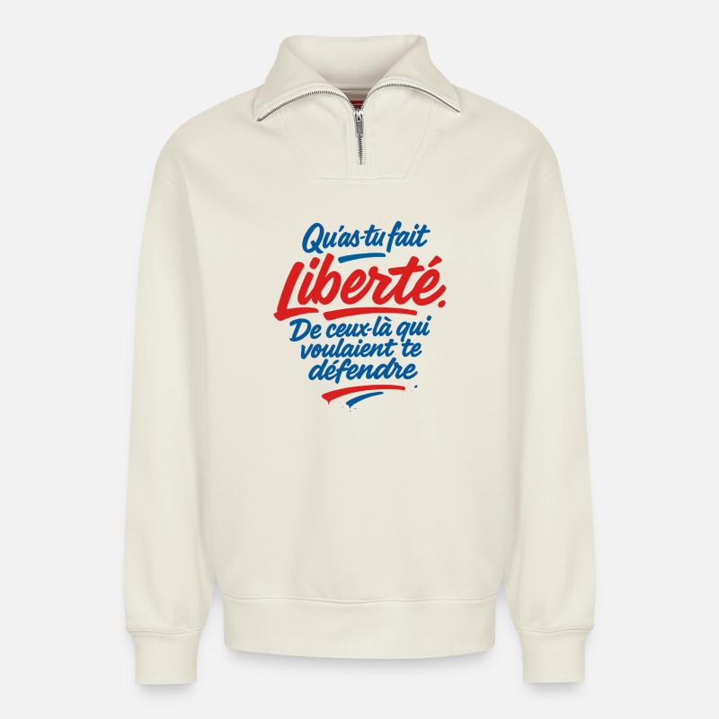 Liberté - Sweat unisexe décontracté en coton biologique à demi-zip – de SPREAD - blanc cassé