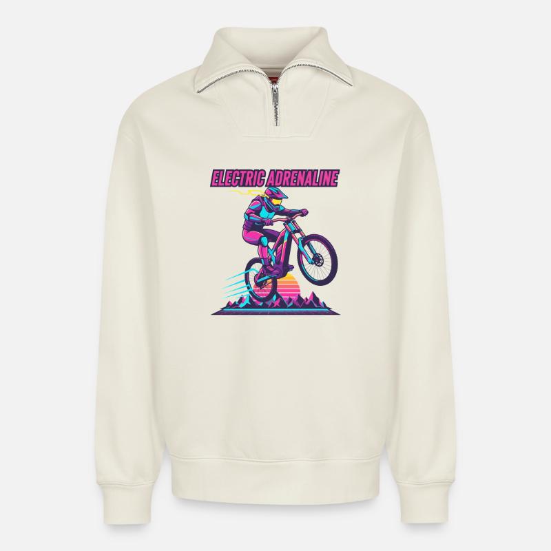 Electric Adrenaline Synthwave E-MTB - Relaxed Unisex Organic Half Zip Sweatshirt – by SPREAD - off white