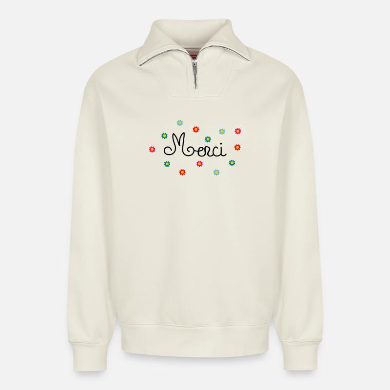 Merci - Sweat unisexe décontracté en coton biologique à demi-zip – de SPREAD - blanc cassé
