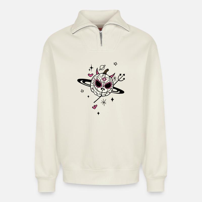 Pumpkin Devil Univers d’Halloween - Sweat unisexe décontracté en coton biologique à demi-zip – de SPREAD - blanc cassé