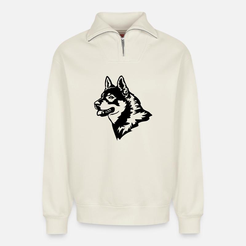 Jämthund Kopf - Relaxed Unisex Organic Half Zip Sweatshirt – von SPREAD - Naturweiß
