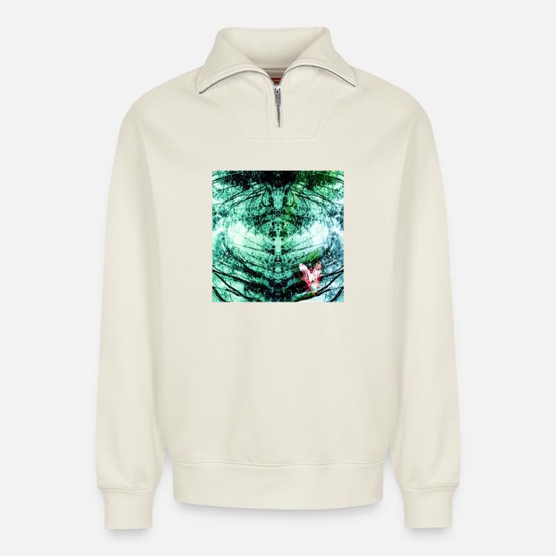 Forest Reflection Teal Butterfly - Relaxed Unisex Organic Half Zip Sweatshirt – by SPREAD - off white