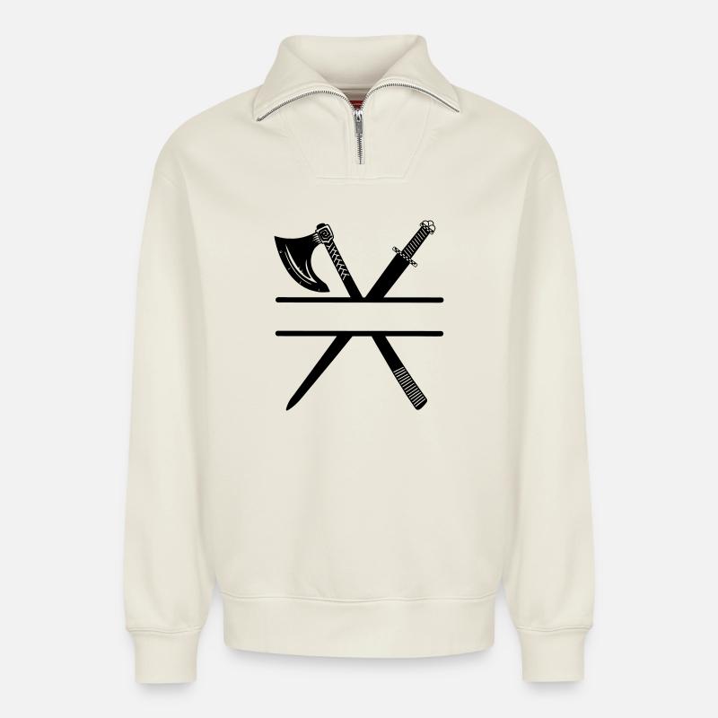 Épée de hache viking - Sweat unisexe décontracté en coton biologique à demi-zip – de SPREAD - blanc cassé