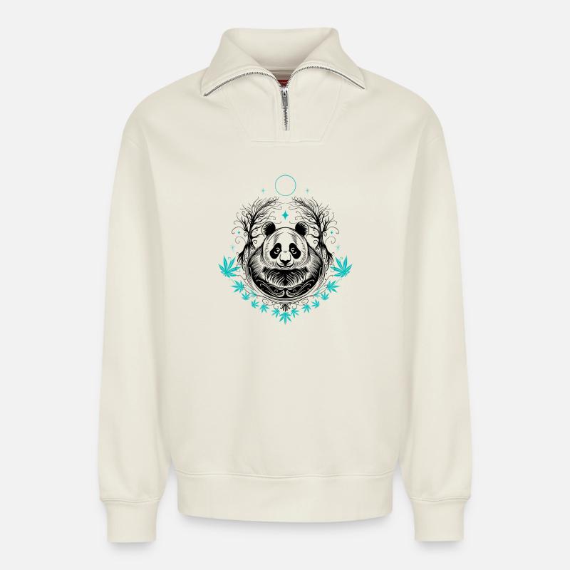 Panda Pandabär Tattoo mit Bambus - Relaxed Unisex Organic Half Zip Sweatshirt – von SPREAD - Naturweiß