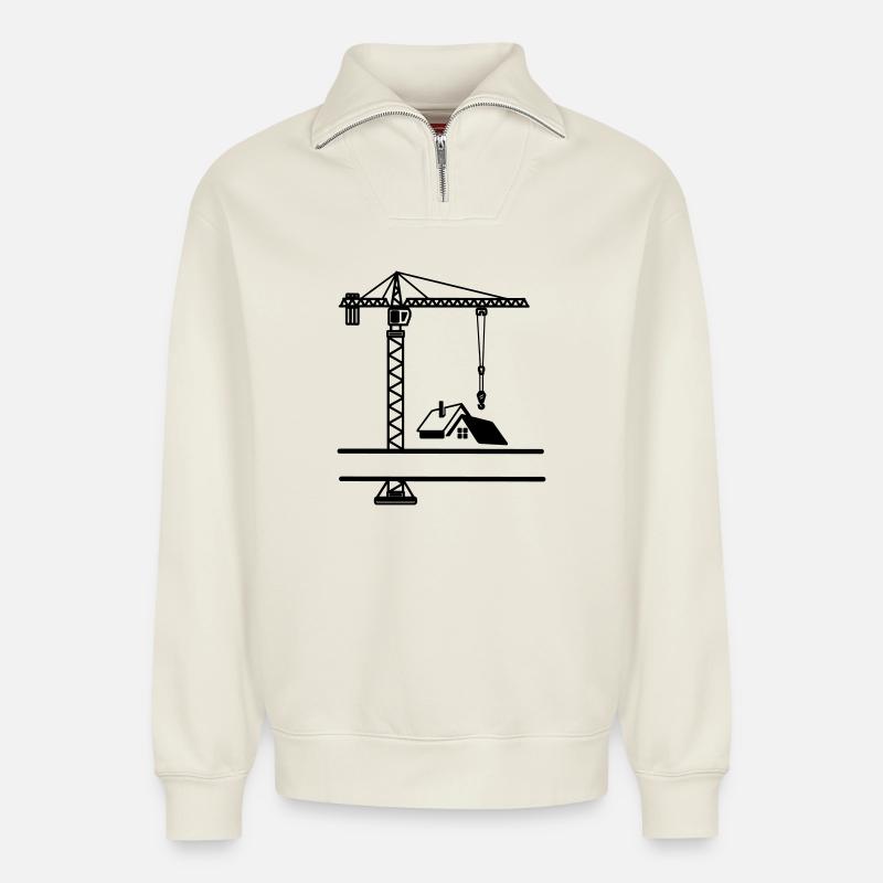 Grue de construction avec maison - Sweat unisexe décontracté en coton biologique à demi-zip – de SPREAD - blanc cassé