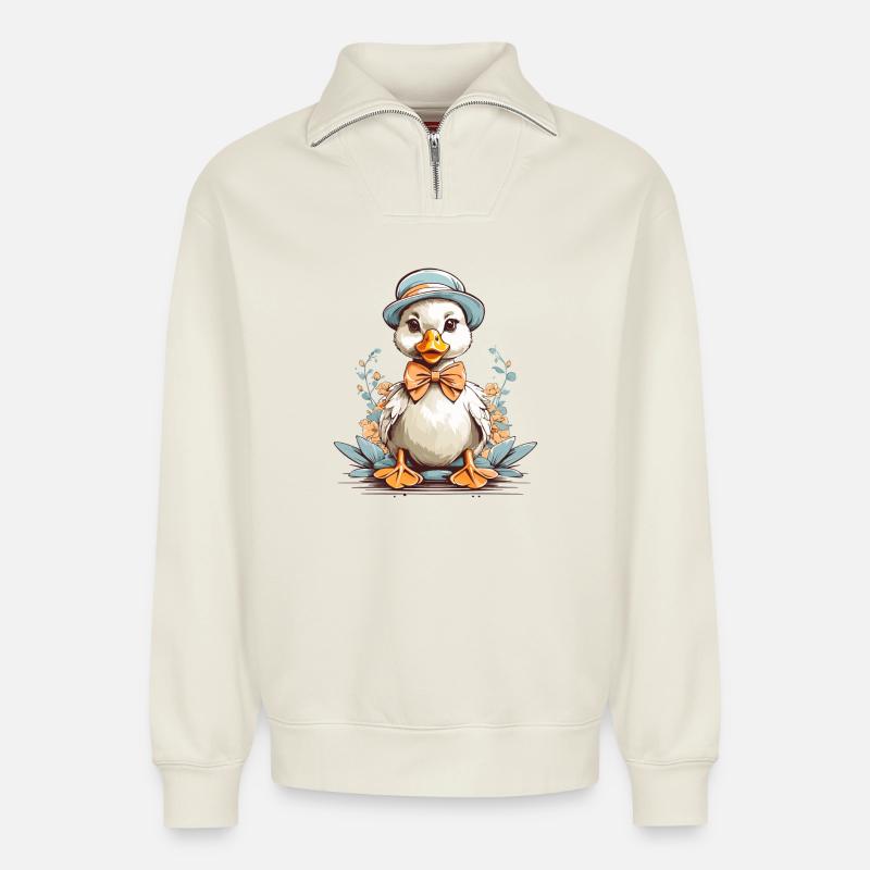 Ente mit Hut - Relaxed Unisex Organic Half Zip Sweatshirt – von SPREAD - Naturweiß