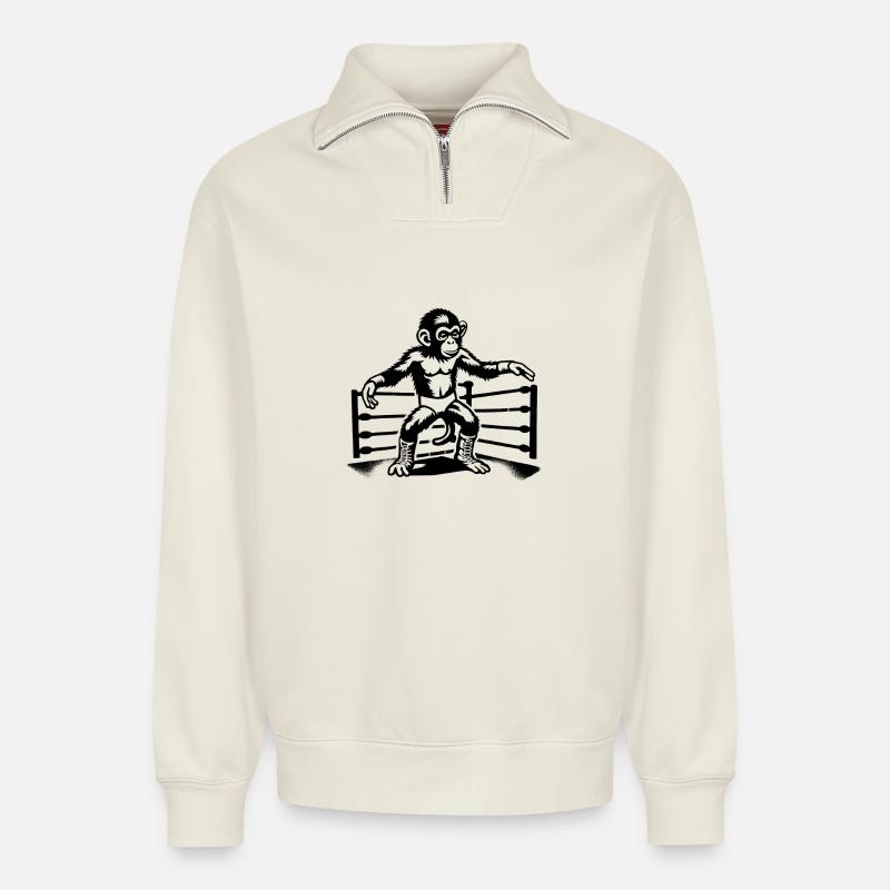 Wrestling Monkey World - Relaxed Unisex Organic Half Zip Sweatshirt – von SPREAD - Naturweiß