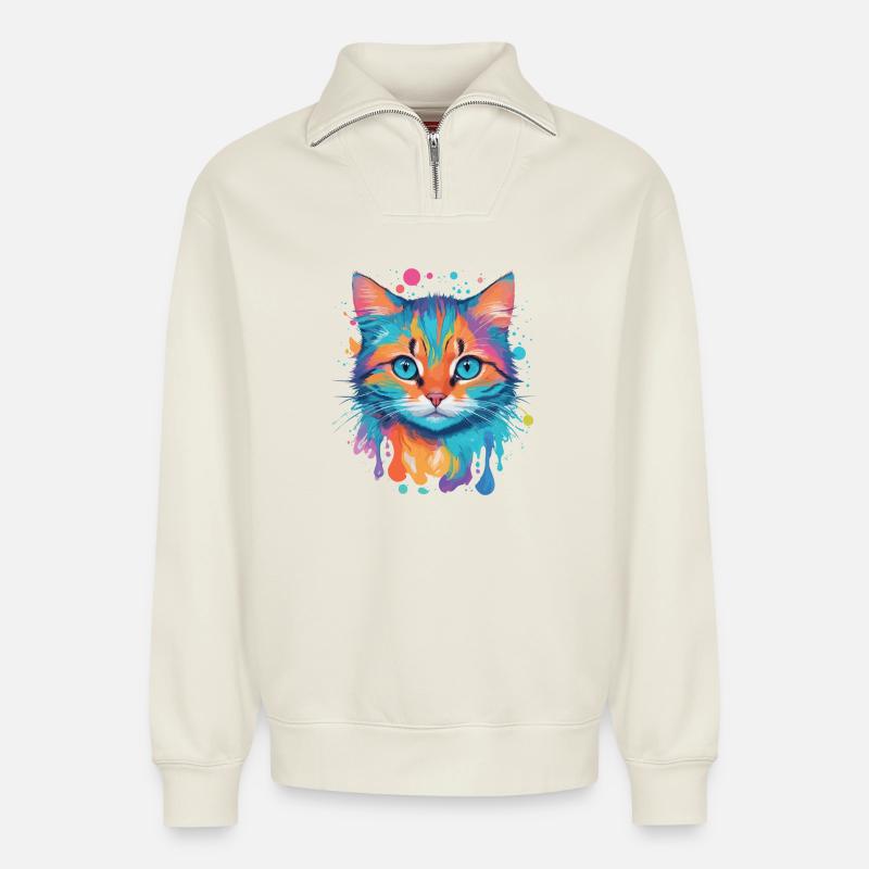 Chat mignon - Sweat unisexe décontracté en coton biologique à demi-zip – de SPREAD - blanc cassé