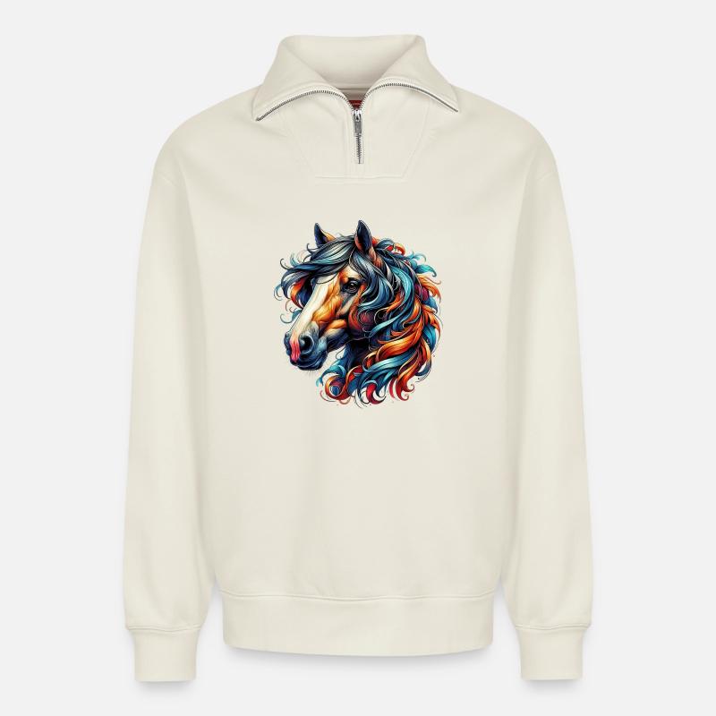 Cheval - Sweat unisexe décontracté en coton biologique à demi-zip – de SPREAD - blanc cassé